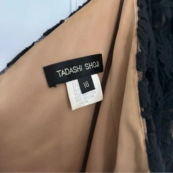 Tadashi Shoji Black Lace One-Shoulder Evening Gown with Nude Lining - Picture 5 of 6